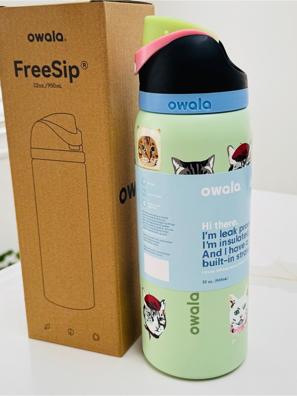 Owala FreeSip 32oz Cat Collage Insulated Water Bottle